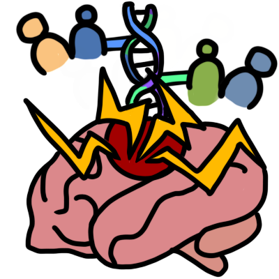  a red circle on a brain, with yellow impact lines coming from it. a string of DNA is hitting it. there are two pairs of simple figures, one above the other and one on each side, both connected to the DNA by a line.